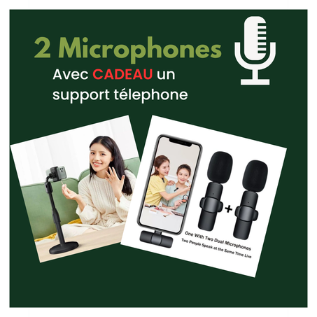 deux microphones sans fil pour deux personnes + cadeau support de télephone