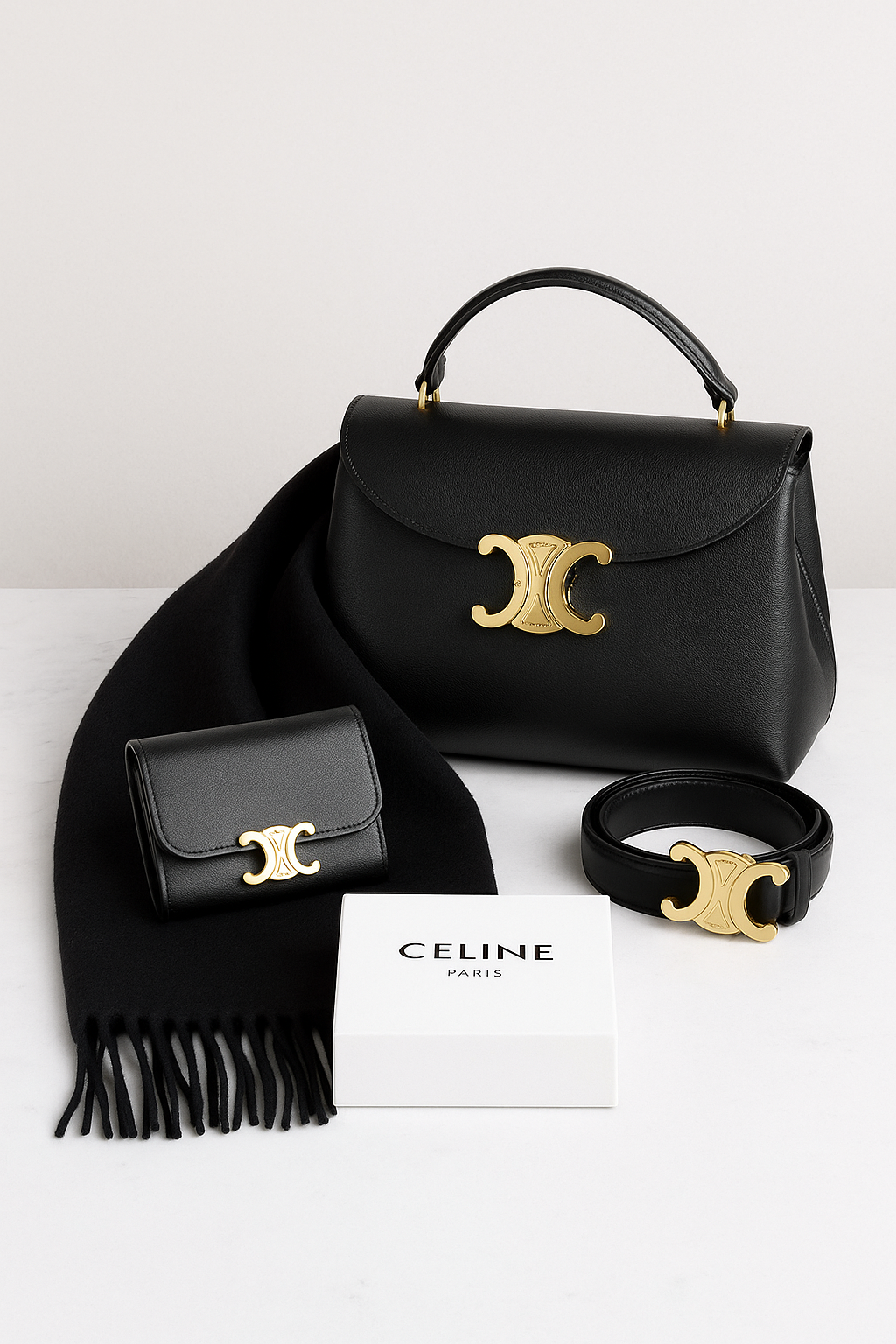 Pack Celine – Sac + Portefeuille + Ceinture + Écharpe gratuite au choix