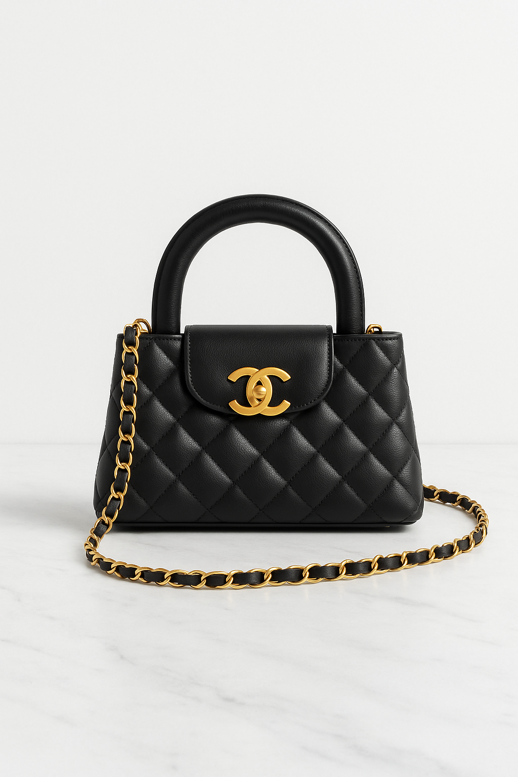 Chanel – Sac top handle en cuir matelassé noir, chaîne dorée