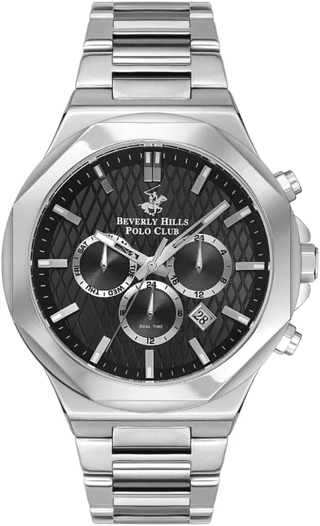 بيفرلي هيلز بولو كلوب ساعة بحركة JP25 للرجال، شاشة متعددة الوظائف وسوار معدني - BP3361X.360، فضي، كرونوغراف