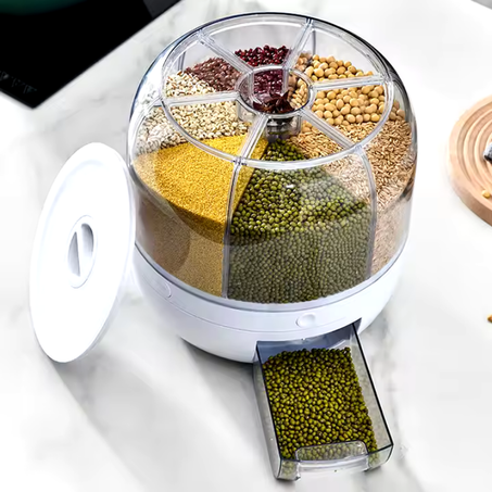 "موزع أرز وحبوب دوّار 360 درجة مقاوم للرطوبة لتخزين الطعام بالمطبخ"