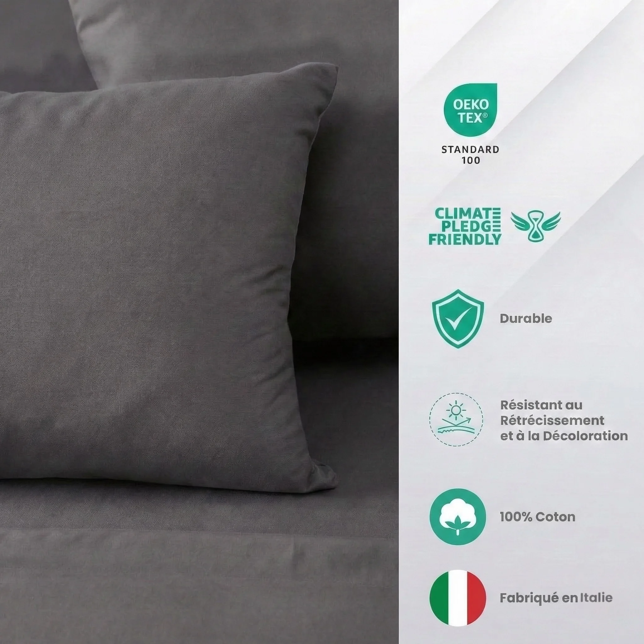 Parure de Lit 4 Pièces Gris (1 Drap-Housse, 1 Drap Plat, 2 Taies) - 100% Coton - Fabriqué en Italie