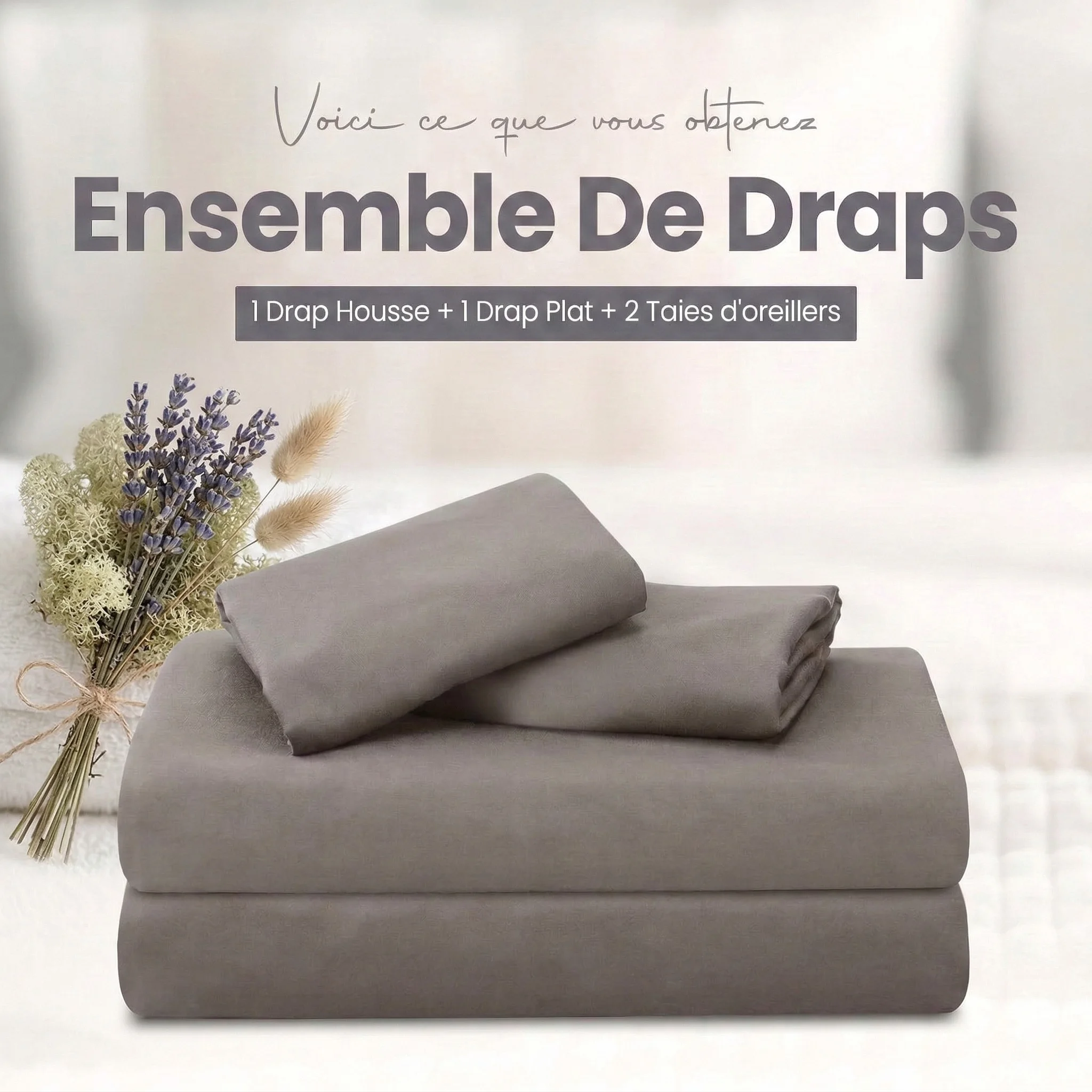 Parure de Lit 4 Pièces Gris (1 Drap-Housse, 1 Drap Plat, 2 Taies) - 100% Coton - Fabriqué en Italie