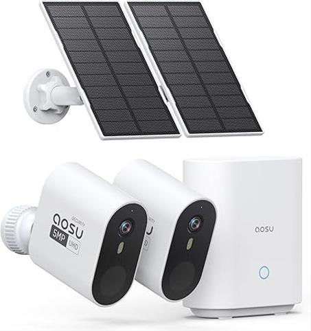 Cámaras de seguridad solares AOSU 3K/5MP inalámbricas para exteriores, gran angular, seguimiento y sincronización de cámara a cámara, sistema de seguridad para el hogar con visión nocturna a 