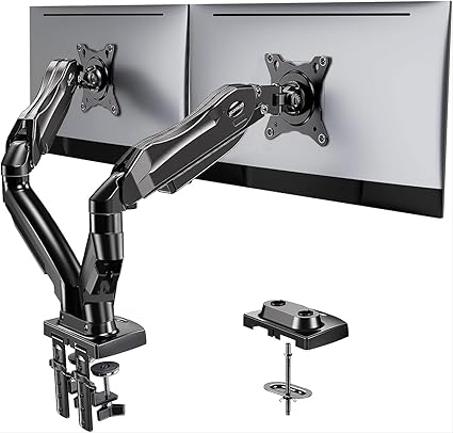 Soporte para dos monitores HUANUO: soporte de escritorio para monitor totalmente ajustable, soporte giratorio Vesa con abrazadera en C y base de montaje con ojal para pantallas de computadora