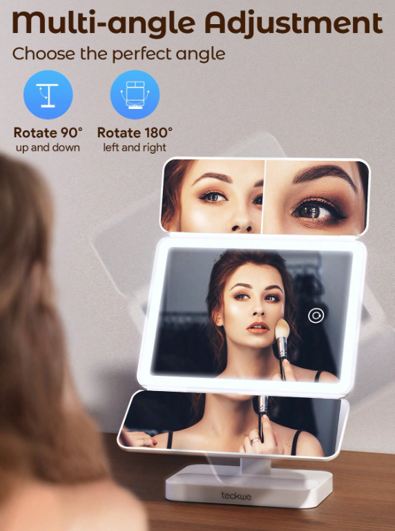 مرآة مكياج ثلاثية الطي مع أضواء LED ومصباح تجميل. استخدم مرآة المكياج التكميلية الذكية للتضيء والمكملة
