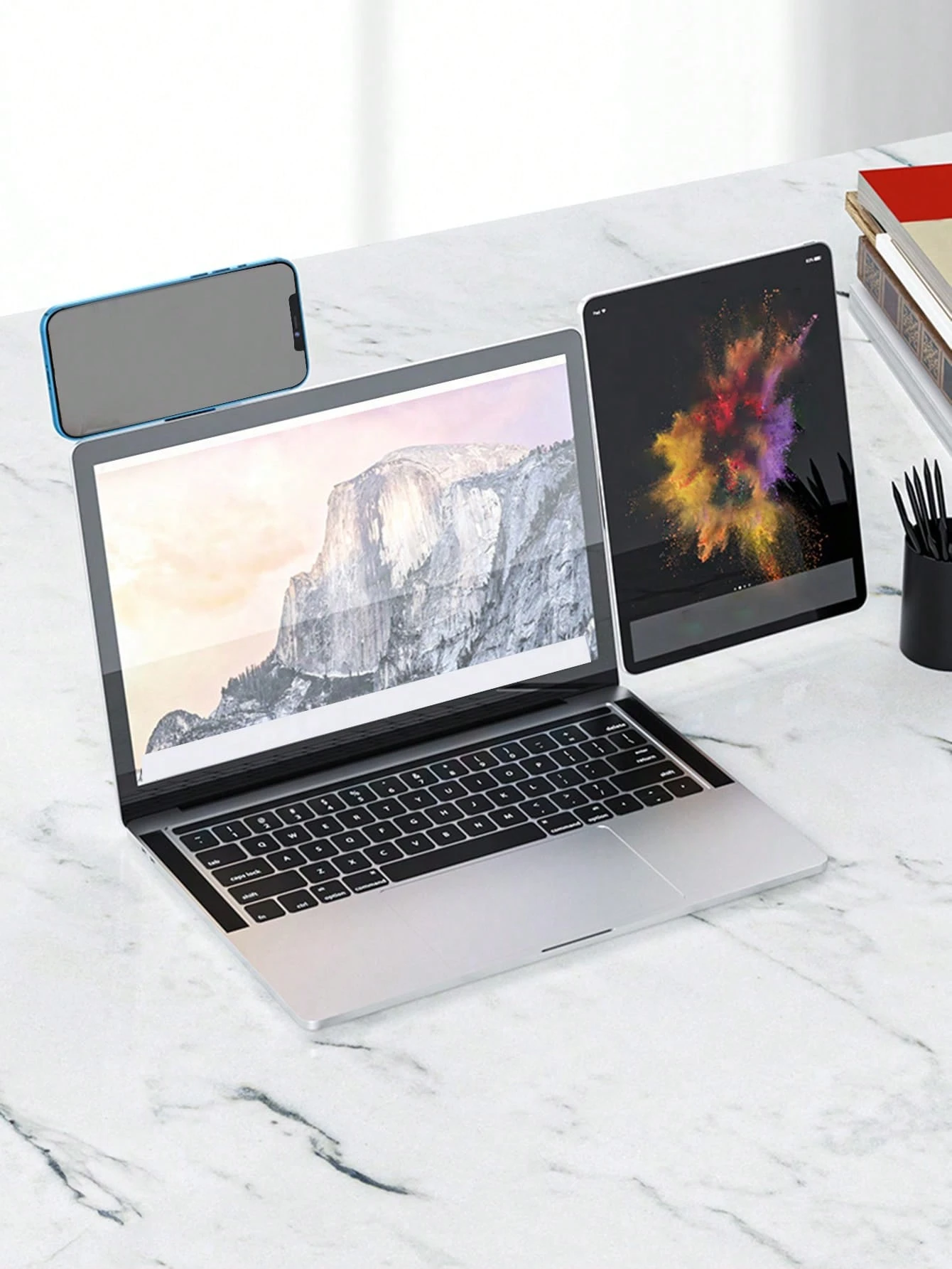 حامل محمول من سبائك الألمنيوم باللون الأسود/الفضي لتمديد شاشة الكمبيوتر المحمول، و حامل هاتف محمول لشاشة مزدوجة