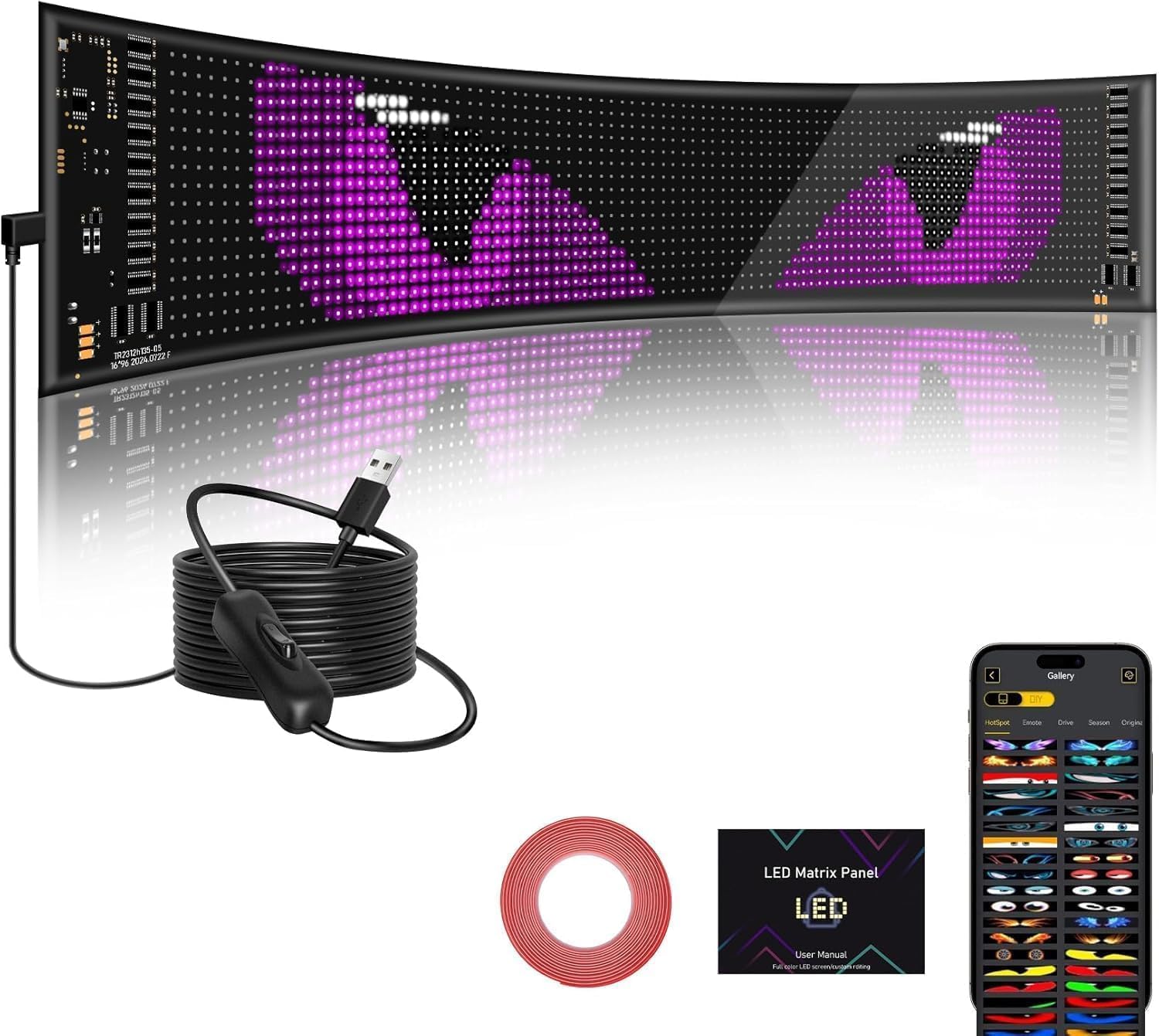 لافتة LED للسيارة من بيجثري، لافتة بتصميم عيون LED لزجاج مقدمة السيارة، لافتة عيون الشيطان للسيارات وشاشة LED مرنة لزجاج مقدمة السيارة مع تطبيق تحكم وجهاز تحكم عن بعد