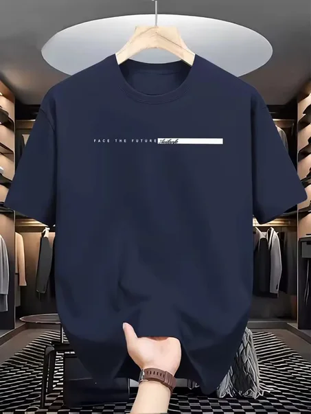 تي شيرت رجالي مطبوع عليه حروف كبيرة ، قطن ، رقبة مستديرة ، توب بأكمام قصيرة ، كاجوال فضفاض ، نمط شارع مرتفع ، صيفي