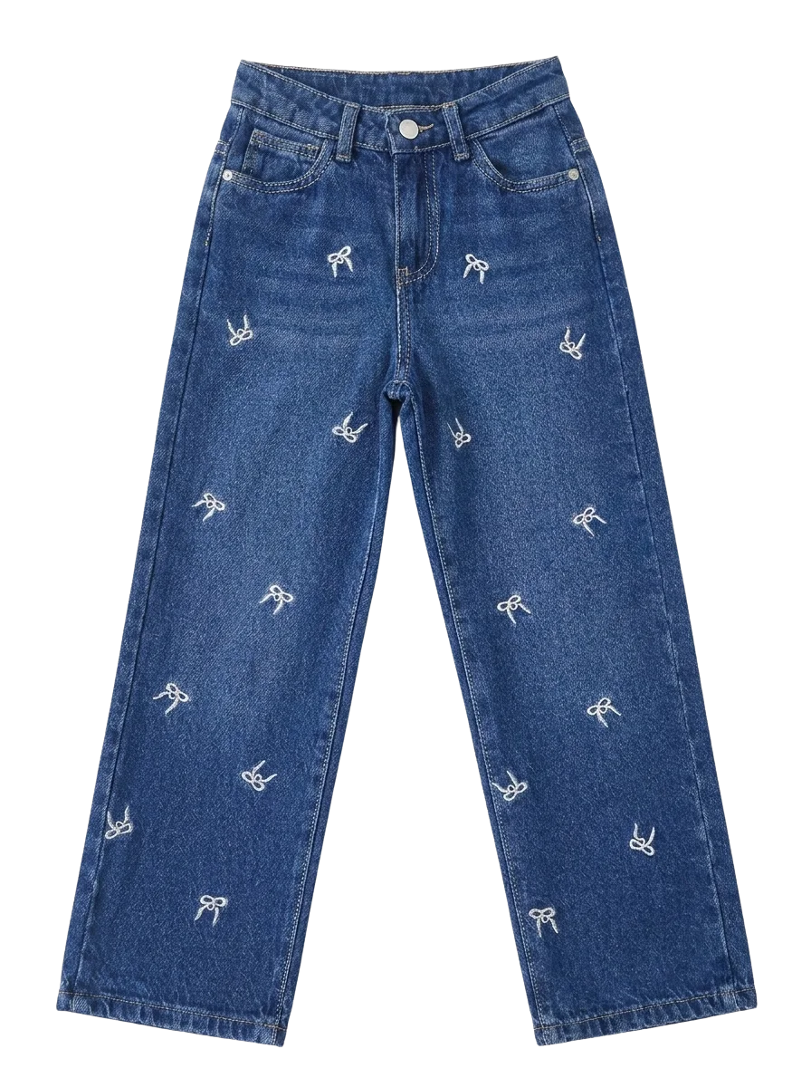 Jean Fille Coupe Large à Motifs Nœuds Papillon