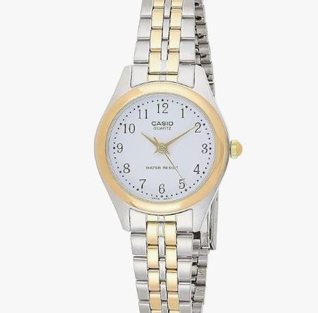 كاسيو ساعة انالوج بسوار جلدي ومينا ابيض للنساء - LTP-1094Q-7B4RDF, ذهبي, كاجوال