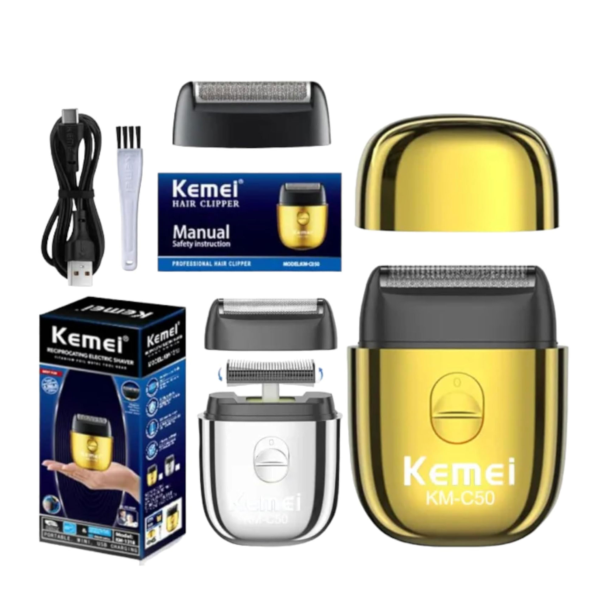 عرض ماكينة حلاقة كهربائية KM-C50  صغيرة محمولة مزودة بثلاث شفرات لتبييض الجسم وجهاز سفر مزود بمنفذ USB ومقاوم للماء مع شامبو زيت إكليل الجبل والنعناع يو فريش