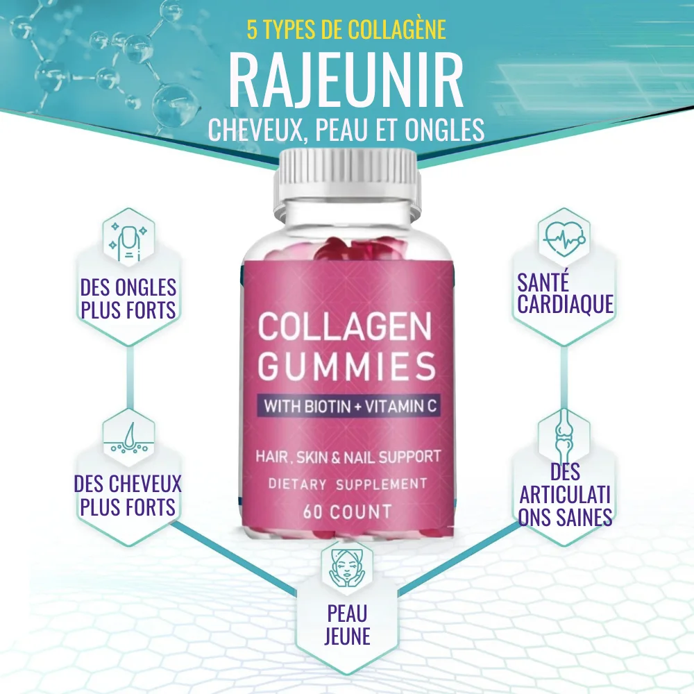 ✨ Gommes de peptides de collagène avec biotine, 60 unités– Effet tenseur immédiat pour une peau relâchée, améliore l’apparence jusqu’à 98% en 24h | Peau ferme + cheveux forts + ongles sains +