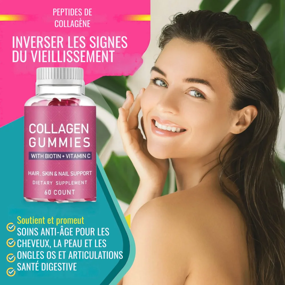 ✨ Gommes de peptides de collagène avec biotine, 60 unités– Effet tenseur immédiat pour une peau relâchée, améliore l’apparence jusqu’à 98% en 24h | Peau ferme + cheveux forts + ongles sains +