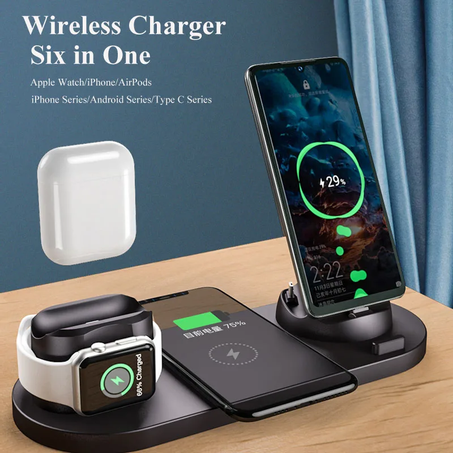 شاحن لاسلكي 6 في 1 للشحن السريع QI لأجهزة iPhone 13 و12 برو ماكس، وساعة Apple Watch، وAirPods Pro، وأجهزة Samsung Galaxy.