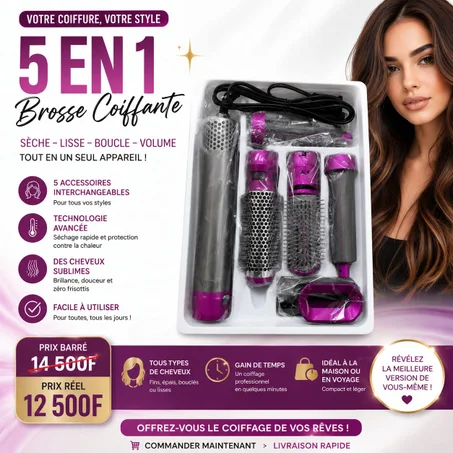 Styler à air professionnel  5 en 1, sèche-cheveux, lisseur, boucleur, brosse à air chaud pour coiffer les cheveux en une seule étape