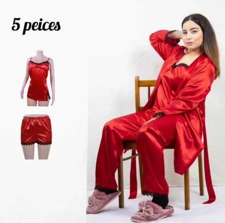 طاقم بيجامة 5 قطع من الستان الحريري الممتاز