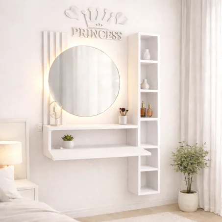 مرآة مكياج عصرية مع رفوف خشبية بتصميم فاخر