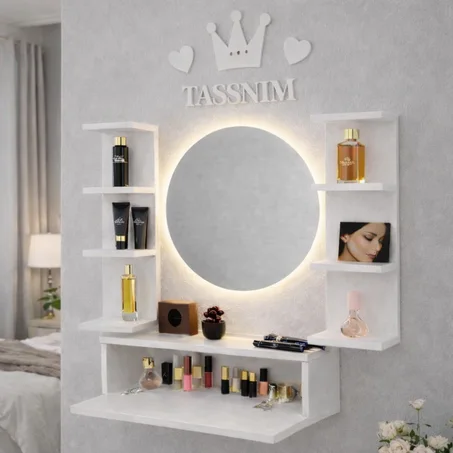 مراية LED مع رفوف خشبية بلمسة فاخرة