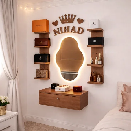 مراية LED مع رفوف خشبية بلمسة فاخرة