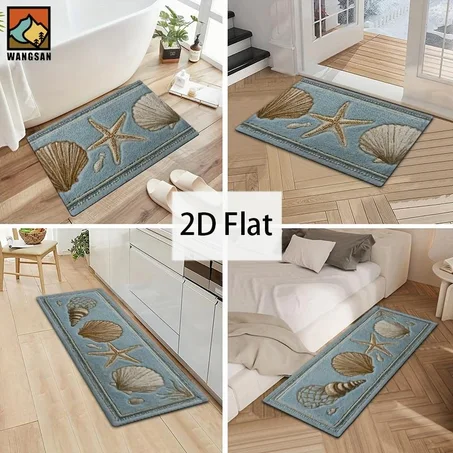 🌊 Ocean Shell Pattern Floor Runner Rug – Elegant Coastal Non-Slip Mat for Bathroom, Bedroom & Home Entrance