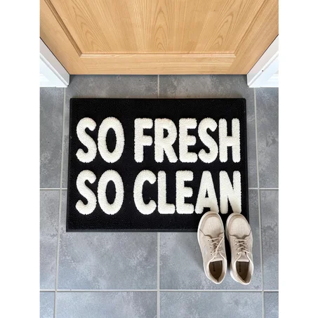 SO FRESH SO CLEAN” Funny Welcome Door Mat – Modern Tufted Non-Slip Entrance Rug