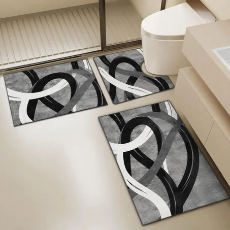 🖤 Modern Geometric 3-Piece Bathroom Mat Set – Soft Absorbent Non-Slip Bath Rug for Toilet & Bathroom