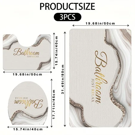 🤍 Luxury Marble 3-Piece Bathroom Mat Set – Soft Absorbent Non-Slip Toilet & Bath Rug