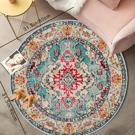 🌸 Vintage Round Floral Rug – Bohemian Decorative Carpet For Living Room & Bedroom