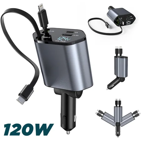 شاحن سيارة سريع 4×1 قابل للسحب – 120W (245ألف)