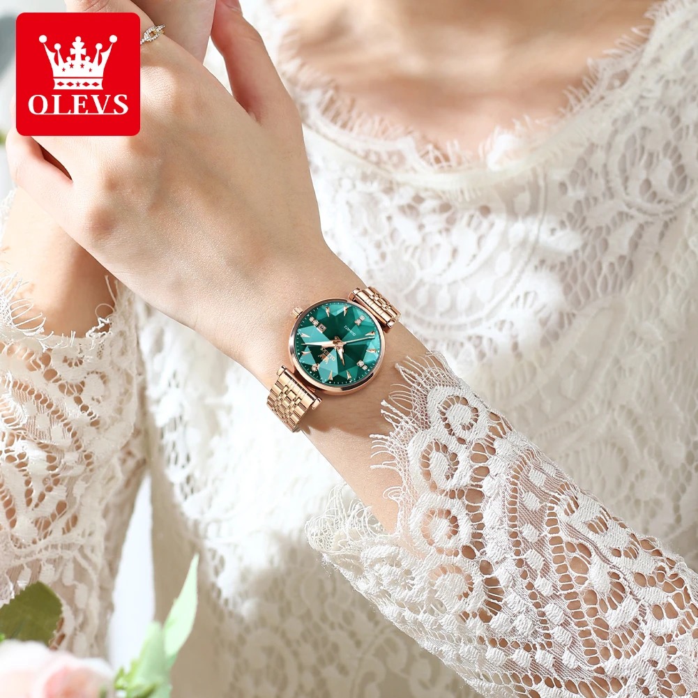OLEVS – ساعة فاخرة للنساء بتصميم ذهبي وردي وألماسي لأسلوب حياة فاخر