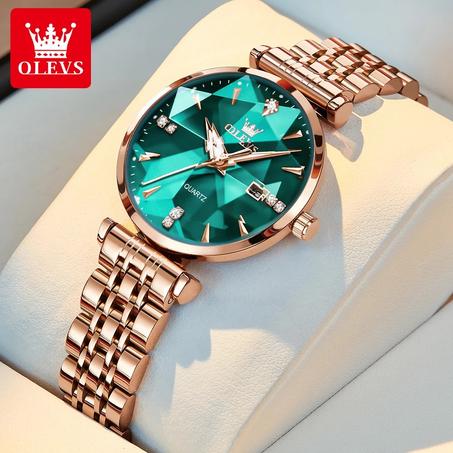 OLEVS – ساعة فاخرة للنساء بتصميم ذهبي وردي وألماسي لأسلوب حياة فاخر