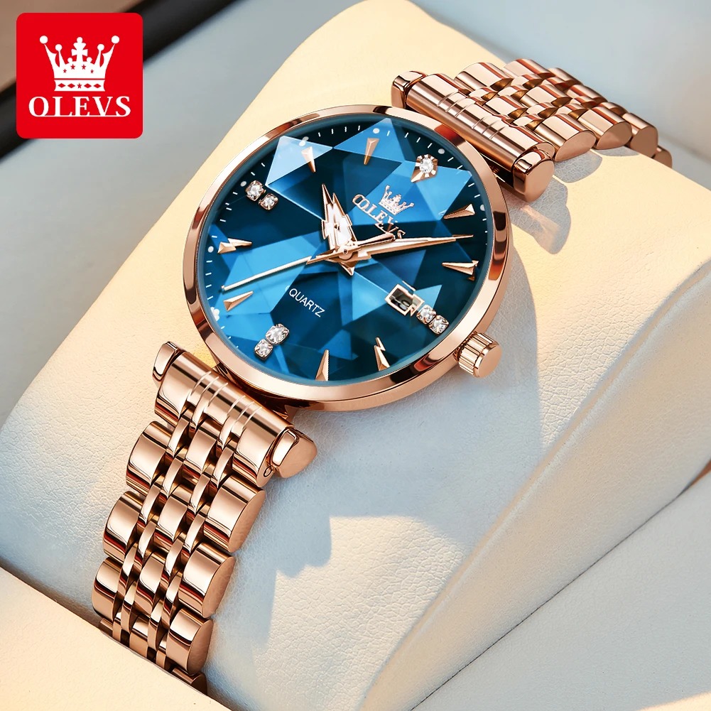 OLEVS – ساعة فاخرة للنساء بتصميم ذهبي وردي وألماسي لأسلوب حياة فاخر