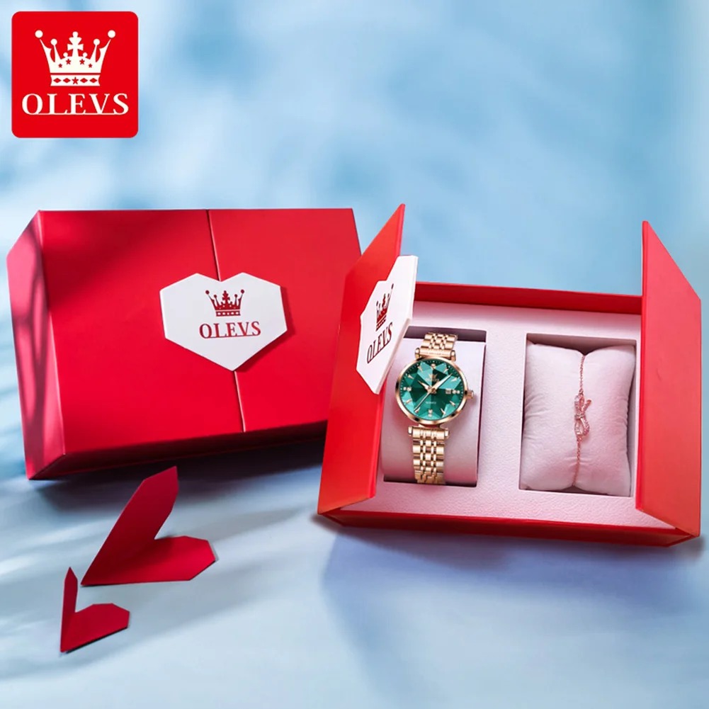 OLEVS – ساعة فاخرة للنساء بتصميم ذهبي وردي وألماسي لأسلوب حياة فاخر