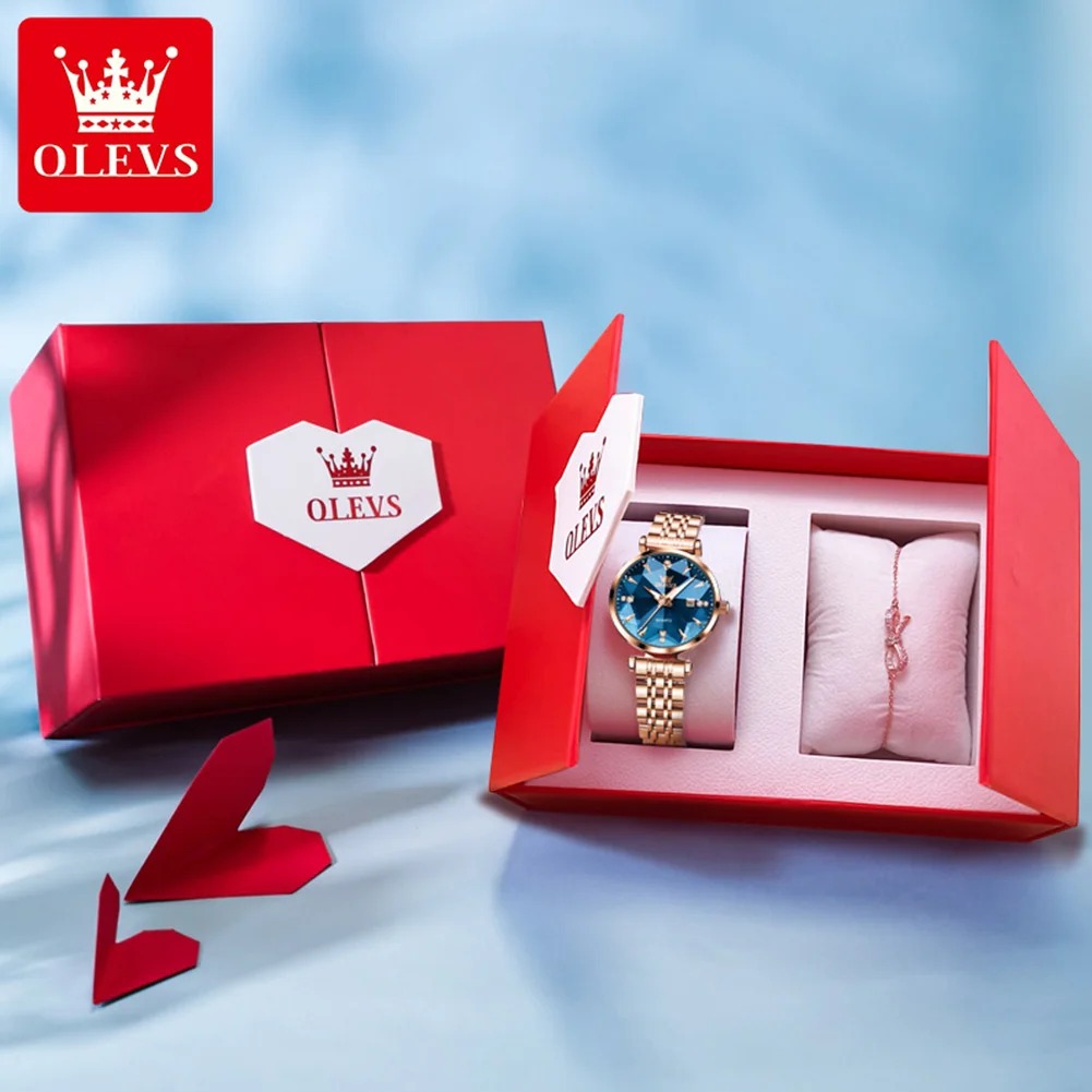 OLEVS – ساعة فاخرة للنساء بتصميم ذهبي وردي وألماسي لأسلوب حياة فاخر