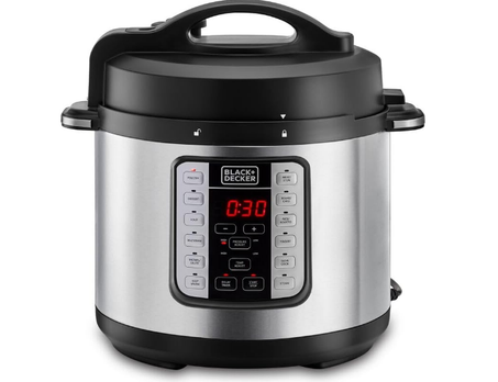 قدر الضغط الكهربائي بلاك + ديكر EZ سمارت، 1000 واط، طهي متعدد الوظائف 7 في 1، سعة 6.0 لتر، شاشة رقمية LED، حماية من الحرارة الزائدة، مؤقت تأخير، أسود/فضي - PCP1000-B5