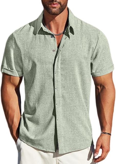 MAPICK Camisas de lino para hombre, manga corta, con botones, casual, vestido de negocios, ropa de playa, moda de verano