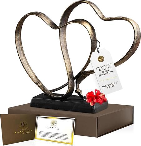 Regalo de aniversario de boda para parejas: escultura de hierro de dos corazones y cruz, regalo de decoración de corazón para ella y él, 1er a 50 o 60 aniversario, incluye caja de regalo y