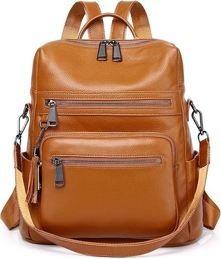 Mochila de cuero genuino para mujer, convertible a la moda, naranja marrón, Mediana, Mochilas Daypack