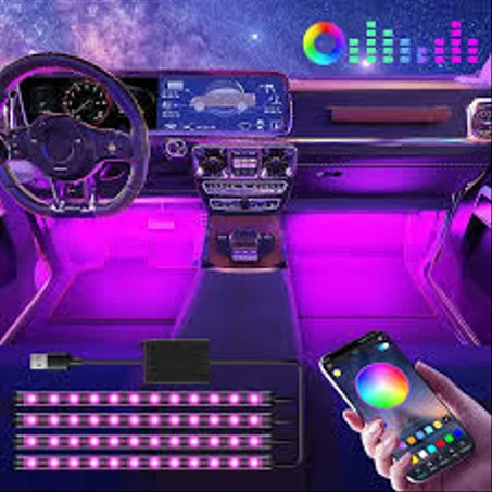 أضواء LED داخلية للسيارات RGB – تحكم عن بعد – يعمل عبر USB أو ولاعة السيارة – 4 شرائط ضوئية متعددة الألوان