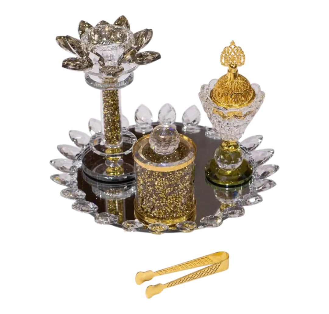 طقم مبخرة كريستال ذهبي