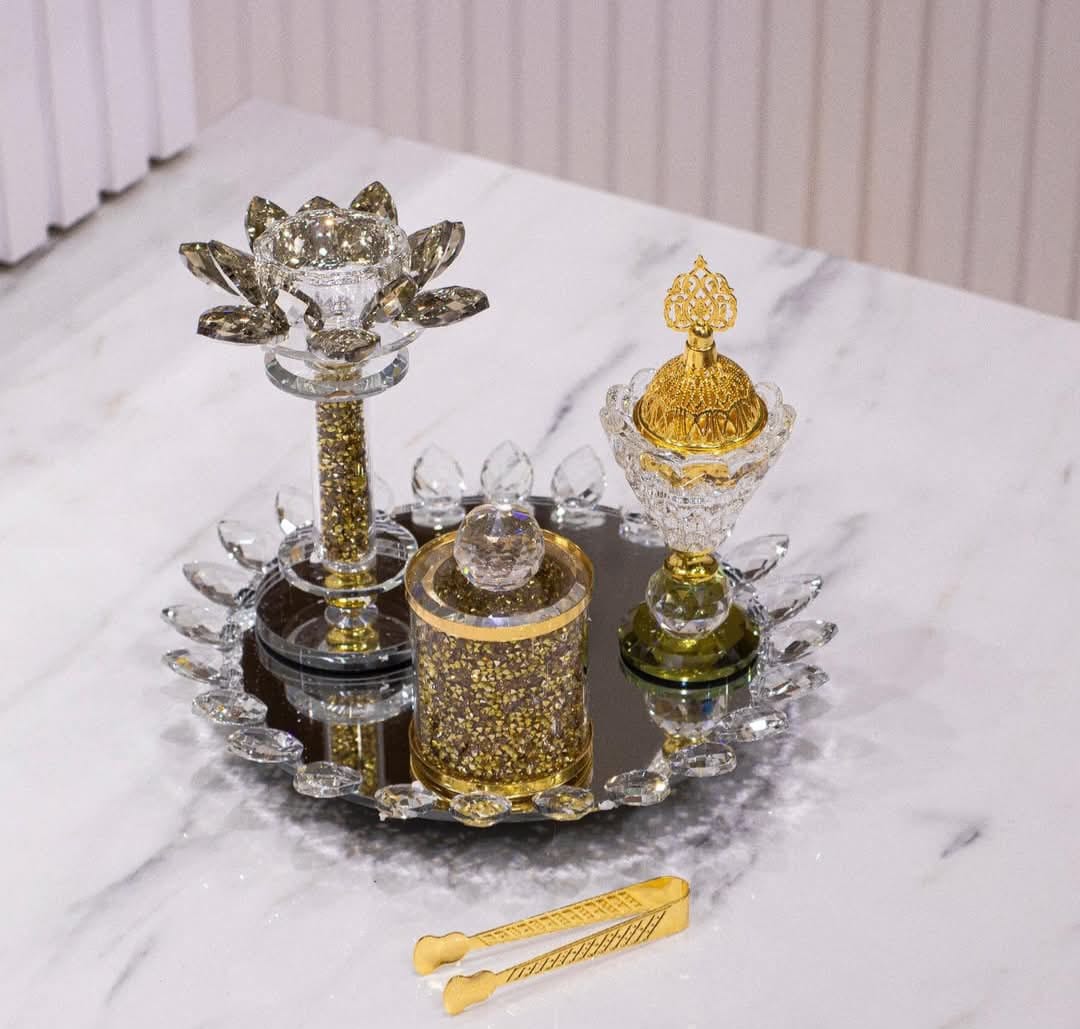 طقم مبخرة كريستال ذهبي