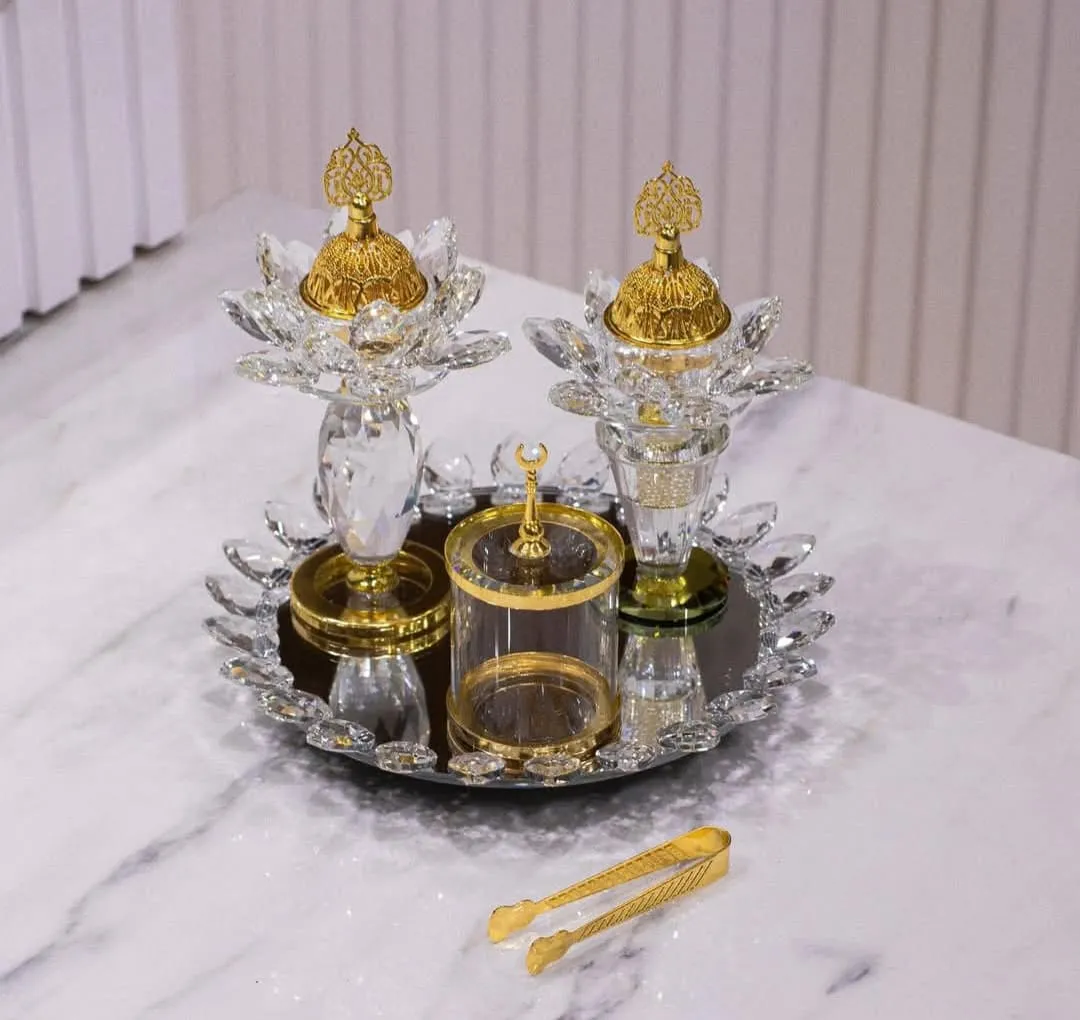 طقم مبخرة كريستال ذهبي