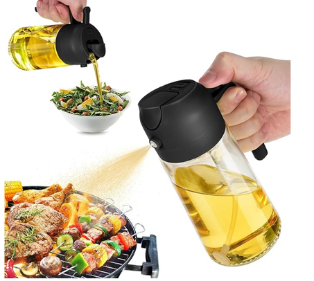 زجاجة موزع زيت للمطبخ سعة 16 اونصة من تريند بلاين - موزع زيت زيتون 2 في 1 وبخاخ زيت - زجاجة زيت زيتون سعة 470 مل - بخاخ زيت للطبخ والمطبخ والسلطة والشواء - اسود