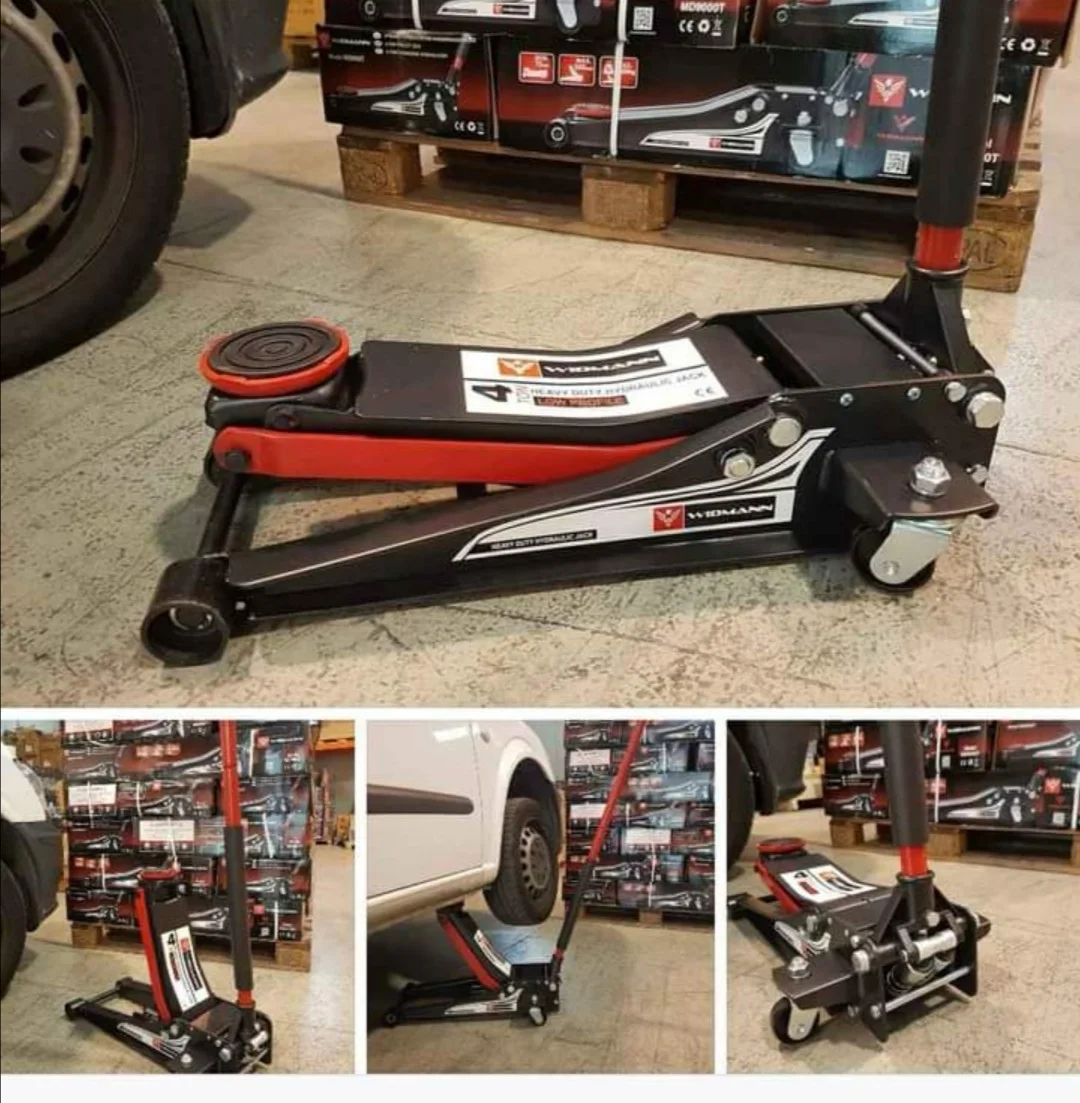 Potente gato hidráulico elevador de 4 ton. de doble pistón con perfil bajo de 7.5mm y gran Angulo de altura máxima a 505mm.