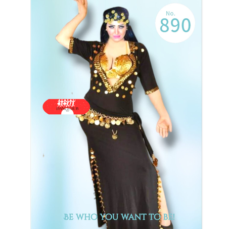 Tenue danse orientale  4 pièces noir doré taille standard tissu élastique