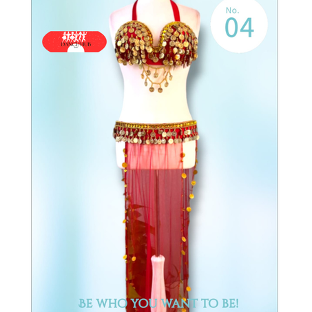 Ensemble danse orientale chargée rouge doré 2 pièces Taille Standard