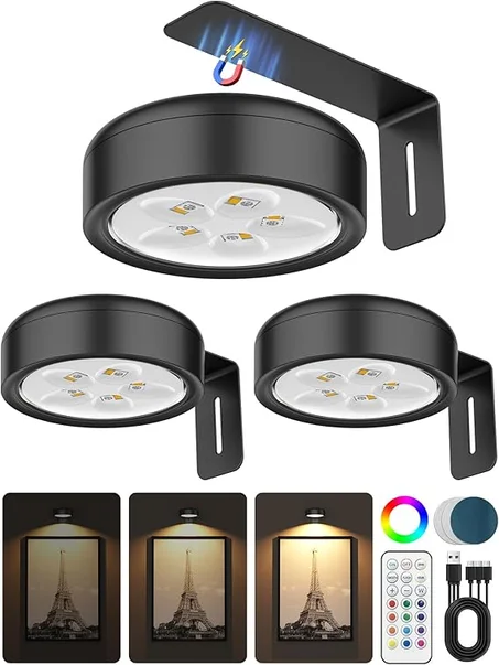 Luces de imagen para pared, luces LED magnéticas recargables inalámbricas de 2000 mAh con control remoto, temperaturas de color cálido y 12 RGB, atenuación y temporizador, luz de marco de art