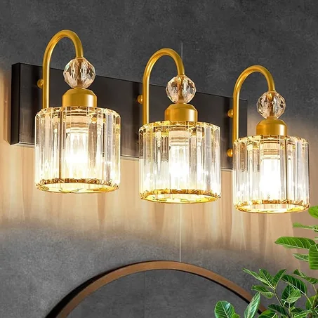 Lámpara de tocador de baño sobre espejo, iluminación de maquillaje para pared moderna, baño, escritorio, granja, pasillo, 3 luces de cristal, oro negro