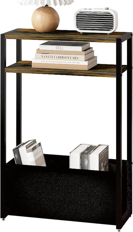 Mesa auxiliar estrecha de 15.7 pulgadas, mesita de noche delgada con estante de almacenamiento y cesta, mesa auxiliar que ahorra espacio para estudio/dormitorio/apartamento, diseño moderno y